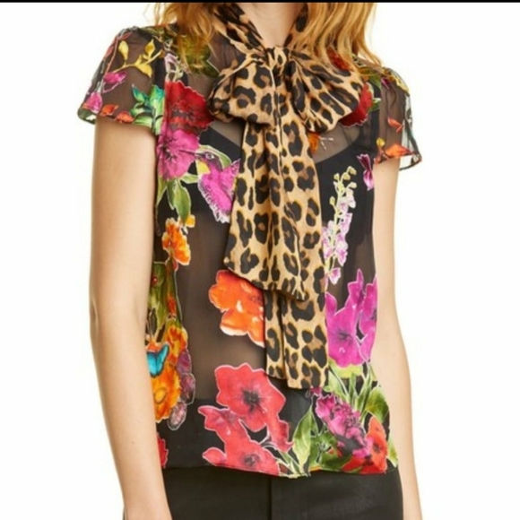 Alice +Olivia Semi Sheer Floral Cap Sleeve Blouse - Size XL - Picture 1 of 8